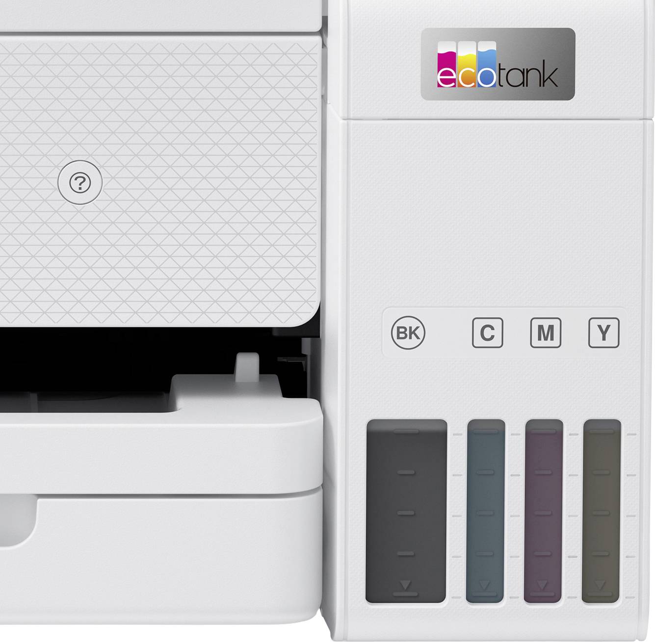An inkjet printer with visible ink tanks in Black, Cyan, Magenta and Yellow. Top right reads 'EcoTank'.