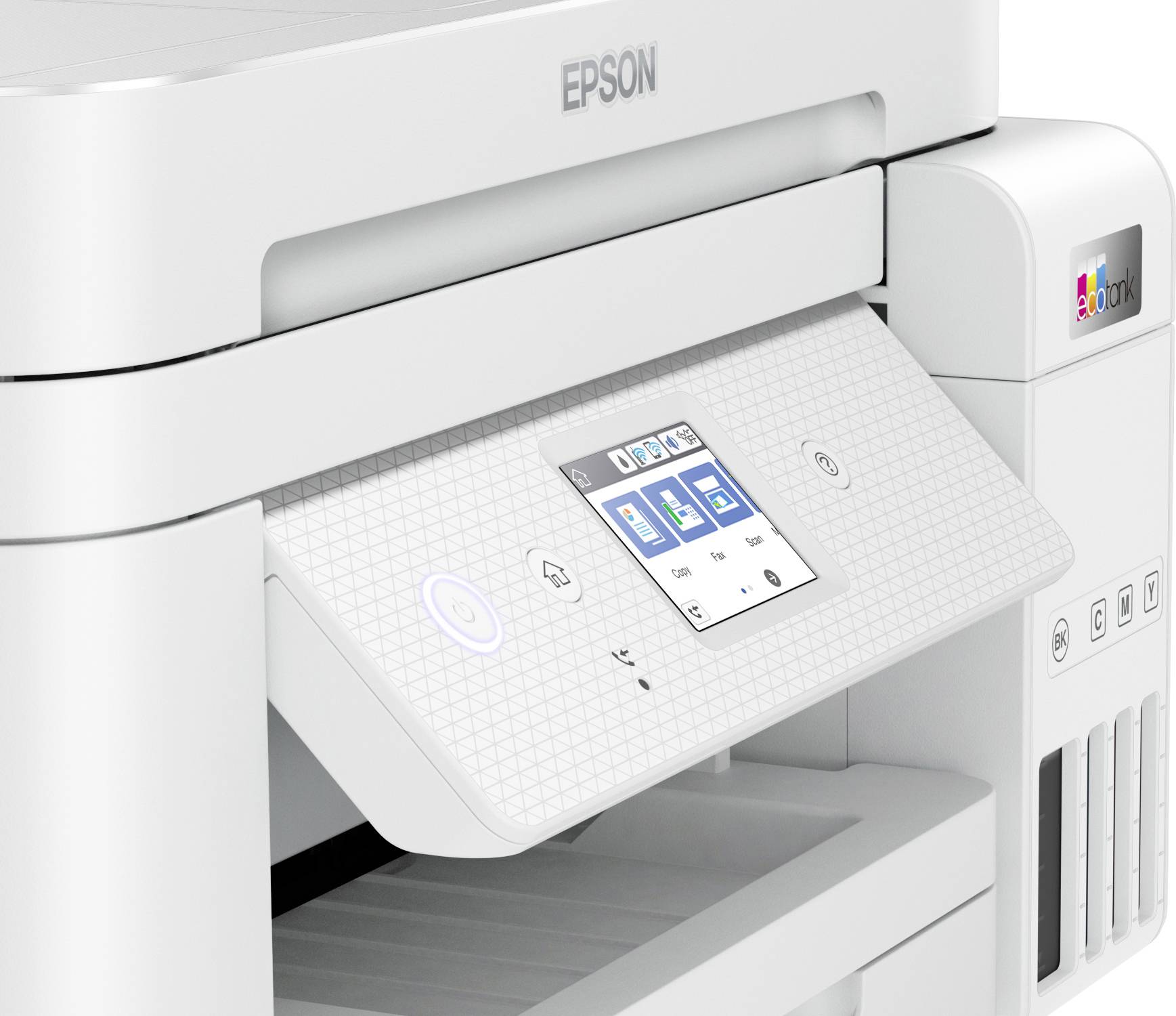 A white printer with a digital control panel displays symbols for various printing options and functions.