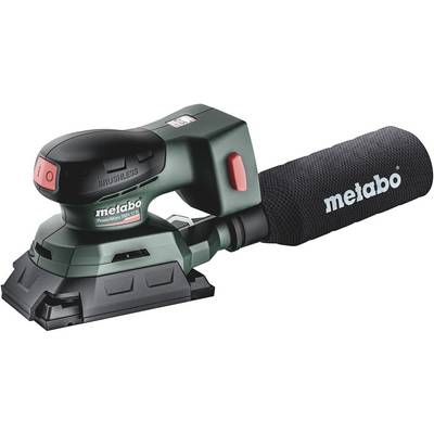 Eccentric sander in dark design with red switch and dust bag. Device bears the inscription 'metabo'.