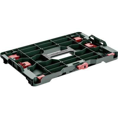 Plastic storage tray with multiple compartments and red locking clips, used to organize tools or small parts.