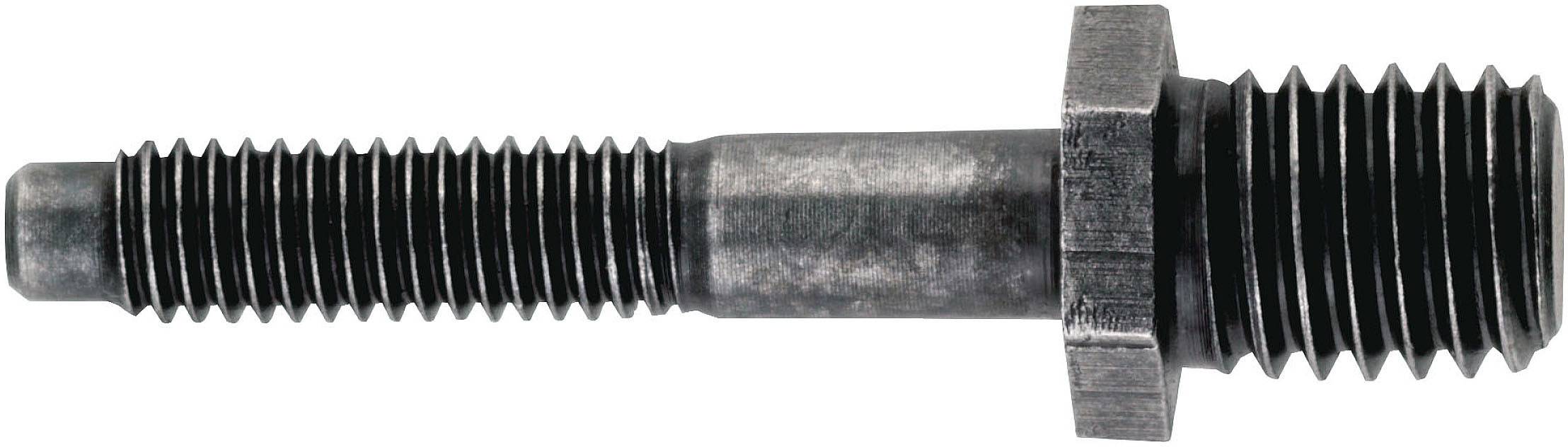 Metal hexagon-headed screw with thread, shown from the side.