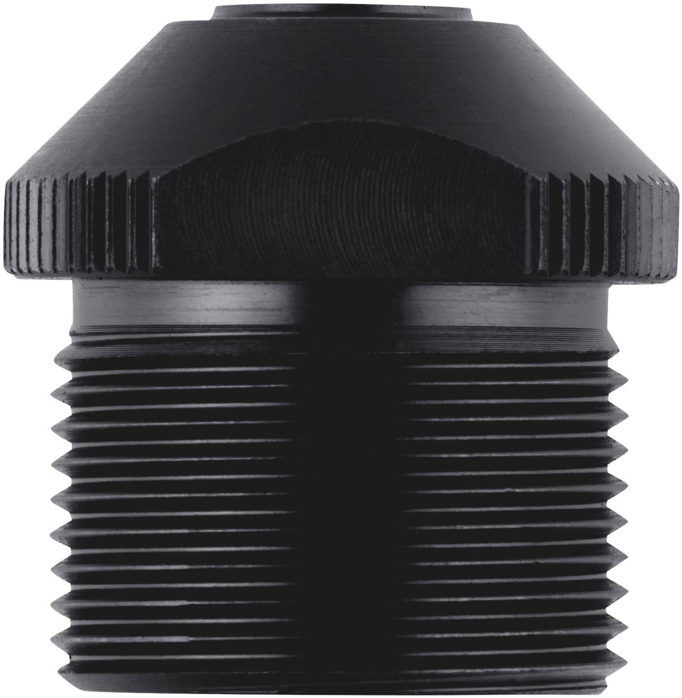 A black, cylindrical metal adapter with a thread and a knurled end.
