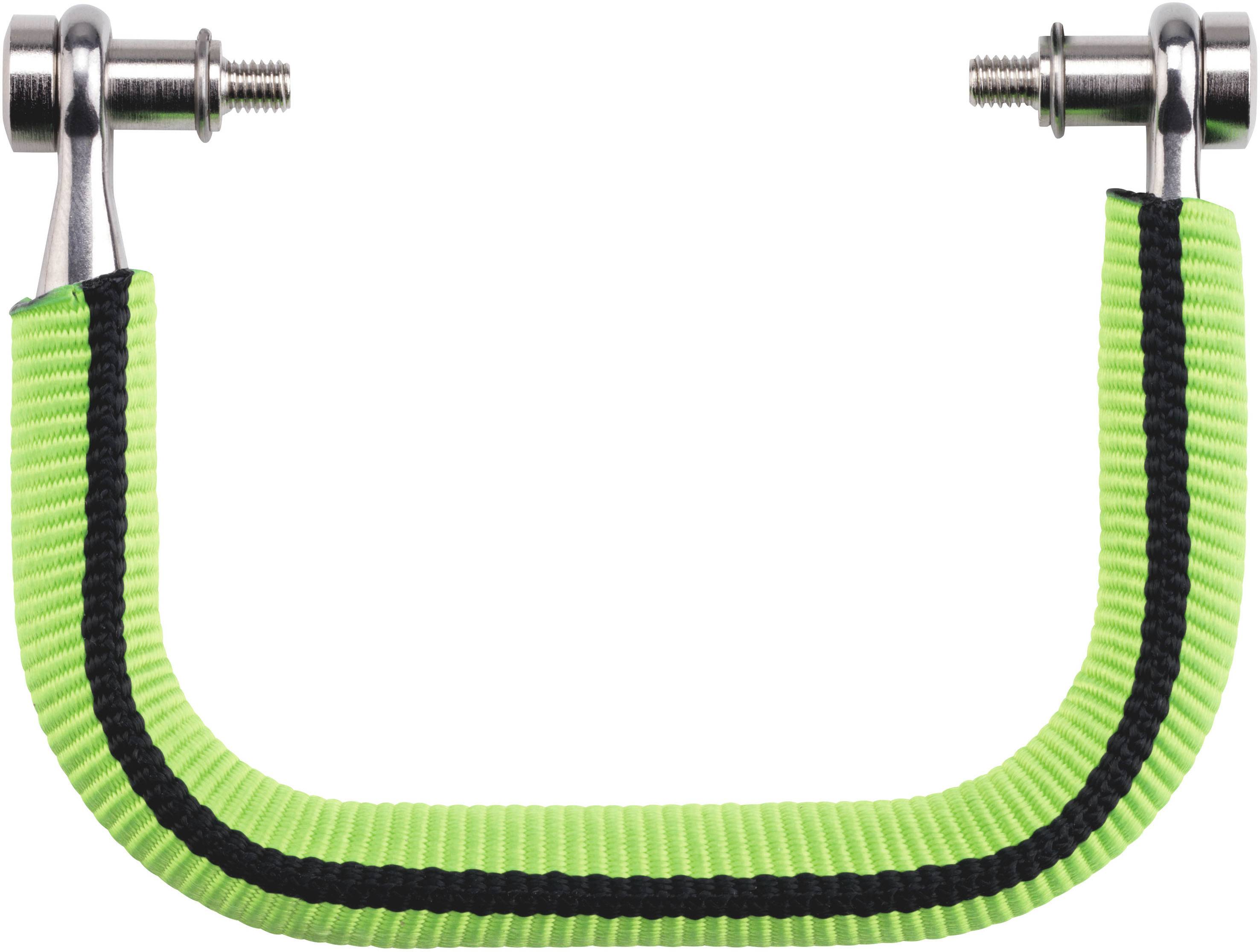 Green, U-shaped handle with black stripes and metal screws at both ends. Suitable for tools or bags.