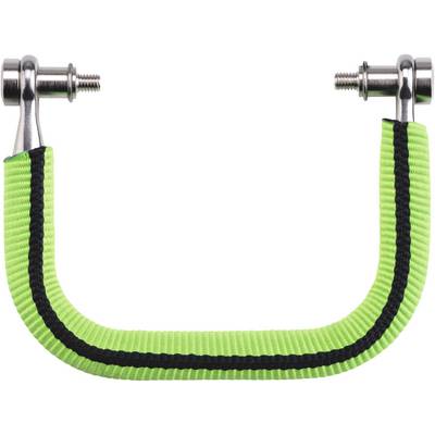 Green, U-shaped handle with black stripes and metal screws at both ends. Suitable for tools or bags.