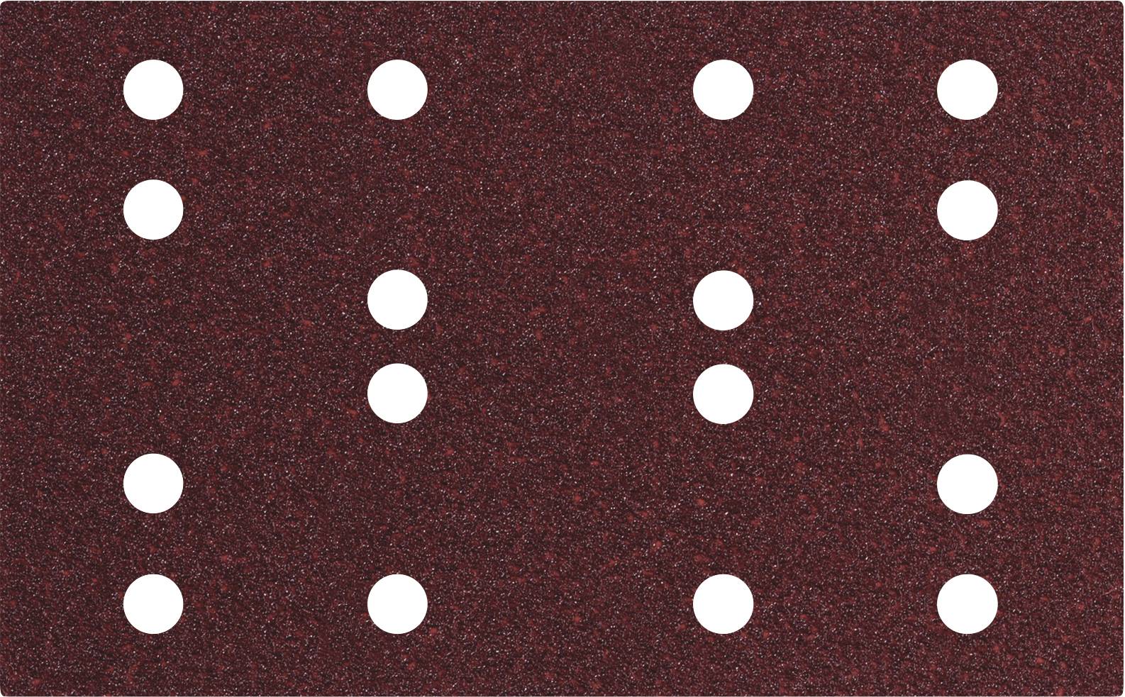 Red sandpaper with 14 white holes in an even pattern.