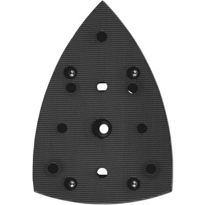 View of a grinding wheel on a grinding machine, black, triangular with multiple holes for dust extraction.