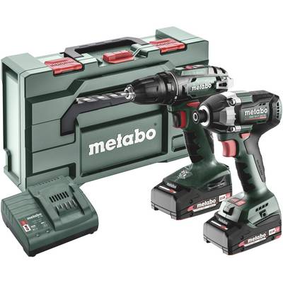 Metabo cordless drill set comprising two drill machines, a charger, and a green carry case.