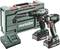 Metabo cordless drill set comprising two drill machines, a charger, and a green carry case.