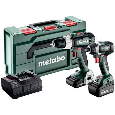 Metabo cordless drill and impact driver set with battery, charger, and carrying case on a white background.