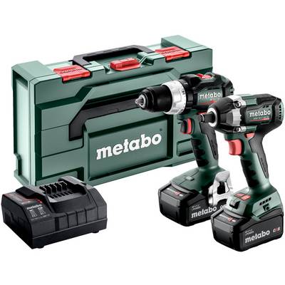 Metabo cordless drill and impact driver set with two batteries, charger, and carrying case.