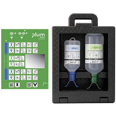 Two eyewash bottles in a carrying case, next to a green instruction board with pictograms for eye irrigation in emergencies.