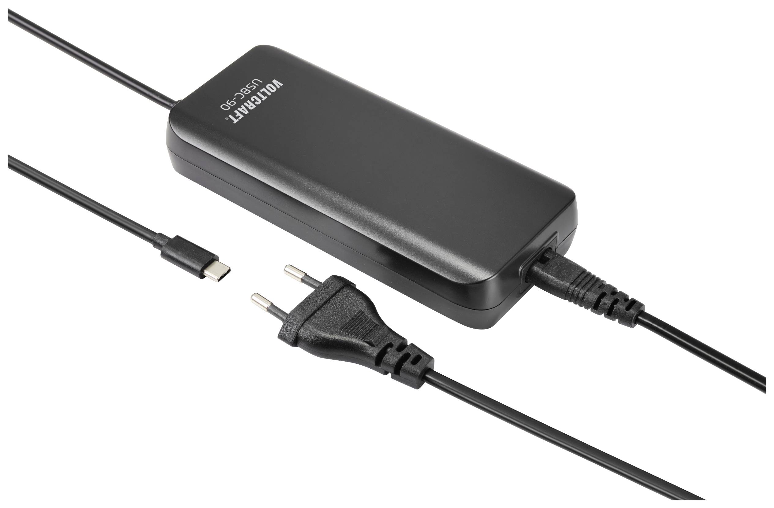 Black laptop power adapter with two cables: One with a USB-C plug, the other with a European plug. Power supply with 'Ruark' inscription.