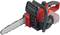 A red and black electric chainsaw with an ergonomic handle and battery, suitable for light woodworking tasks.