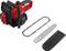 Battery-powered red chainsaw with chain and guide bar removed, displayed against a white background.