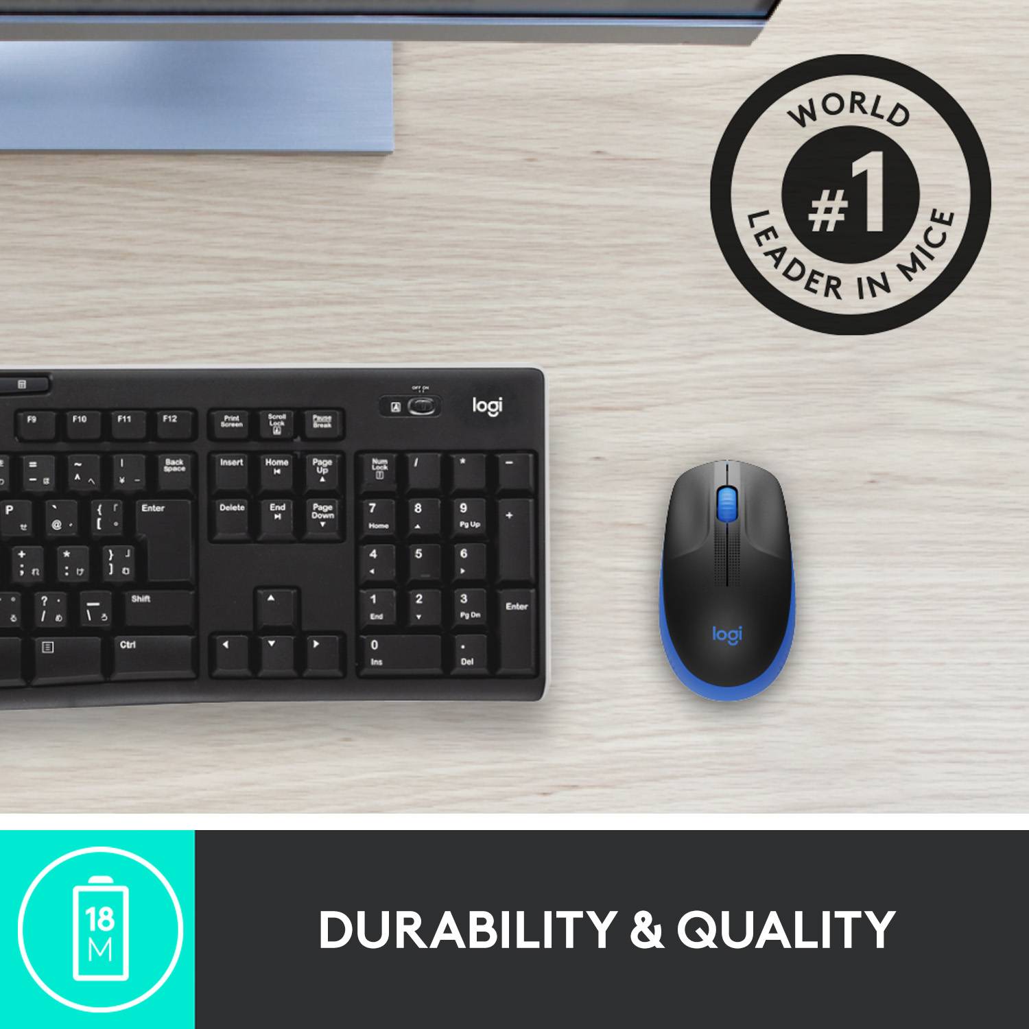 Keyboard and mouse on a desk. Text underneath: 'Durability and Quality'. Centrally placed: 'World Leader in Mice'.