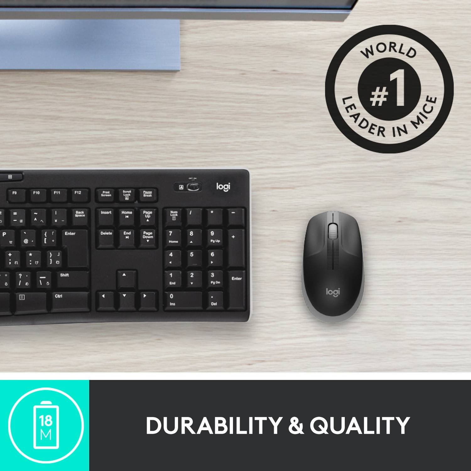 Keyboard and mouse set by Logi on a table, with the label 'Durability and Quality' and award 'World Leader in Mice #1'.