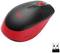 Wireless computer mouse with USB receiver. The housing is black and red. 'Logi' is printed on the mouse.