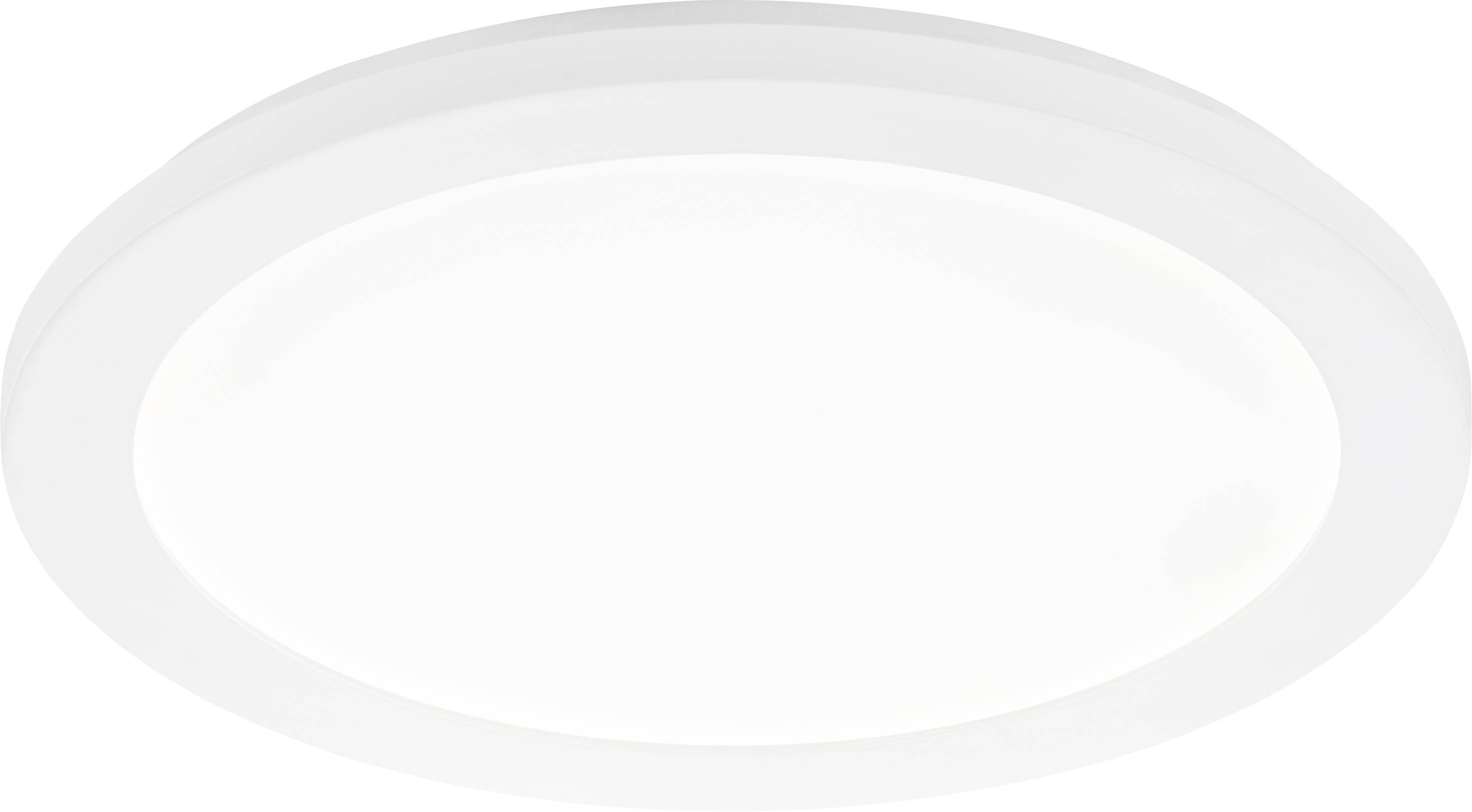 Round, white ceiling light with simple design, emits uniform light. Suitable for modern, minimalist interiors.