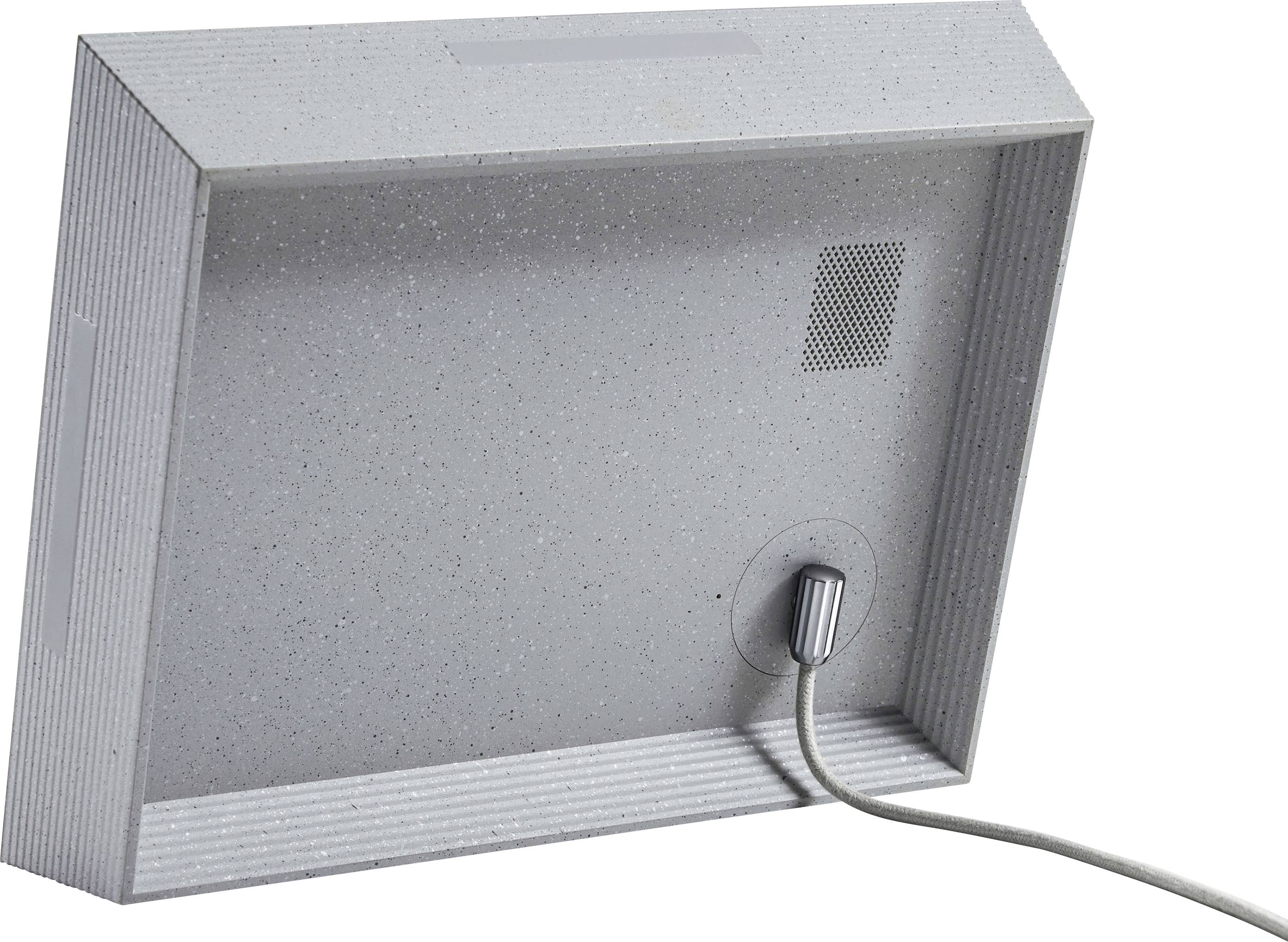 A grey photo frame viewed from behind with a network cable connected at the bottom. The frame has a minimalist design.