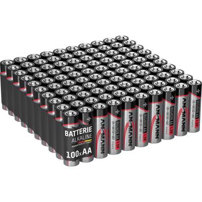 A stack of 100 AA alkaline batteries from one brand, arranged in a dense, symmetrical grid on a surface.