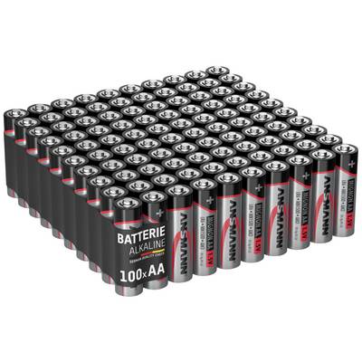 'Bag of 100 AA Alkaline batteries by Ansmann, suitable for high-energy consumption devices.'