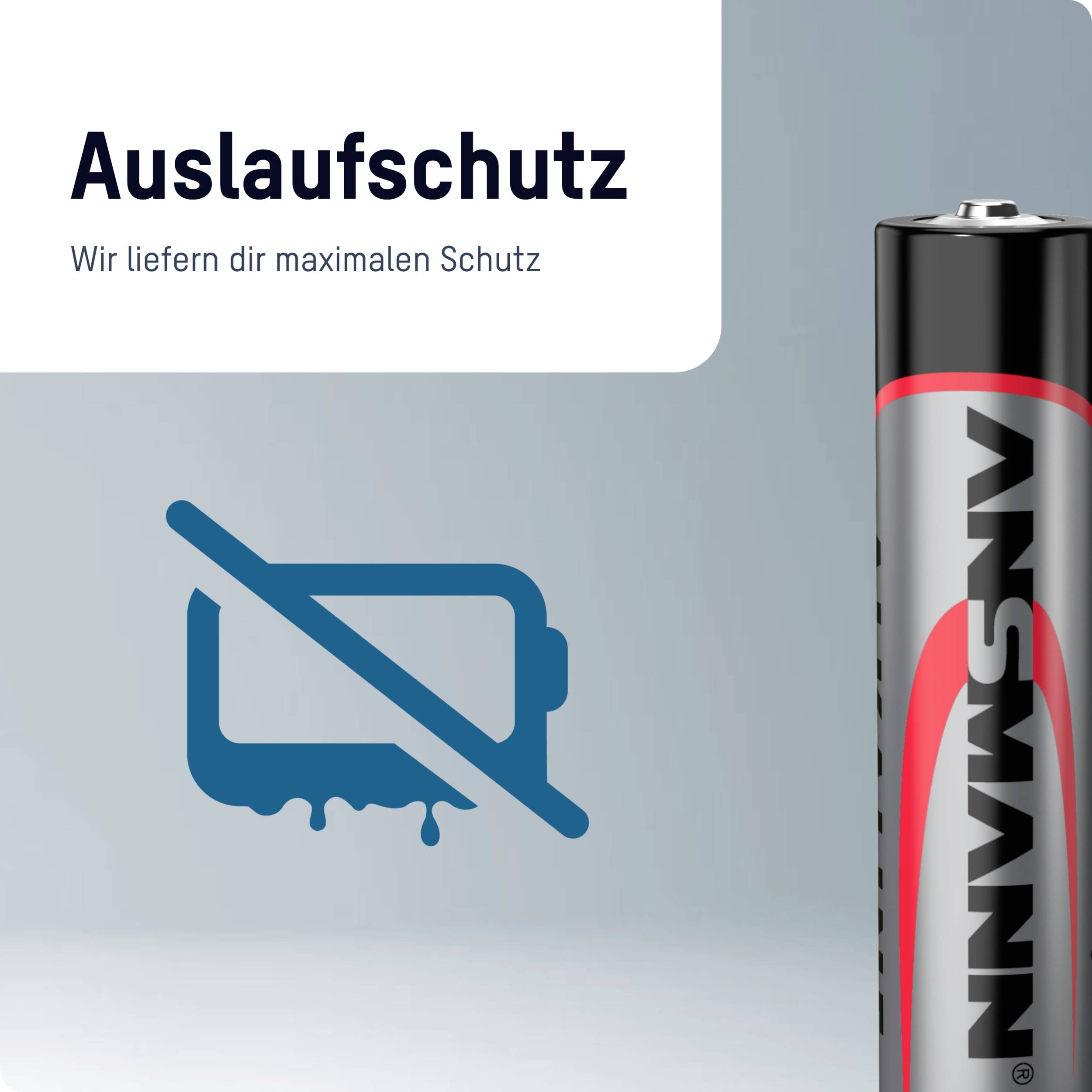 A battery with a leak protection symbol. Text: 'Leak Protection - We Provide You with Maximum Protection'.