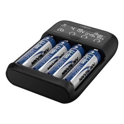 A charger with four blue Li-Ion batteries inserted. The display shows information about charging current and voltage.