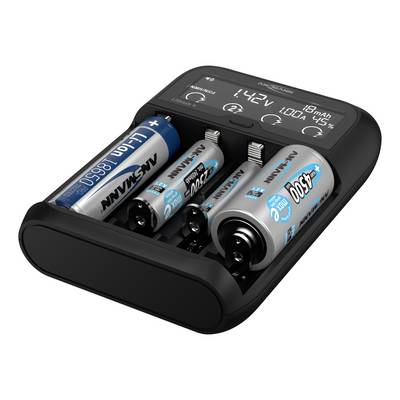 A charger with four batteries inserted, two AA and two AAA. The display shows charging status and technical information.
