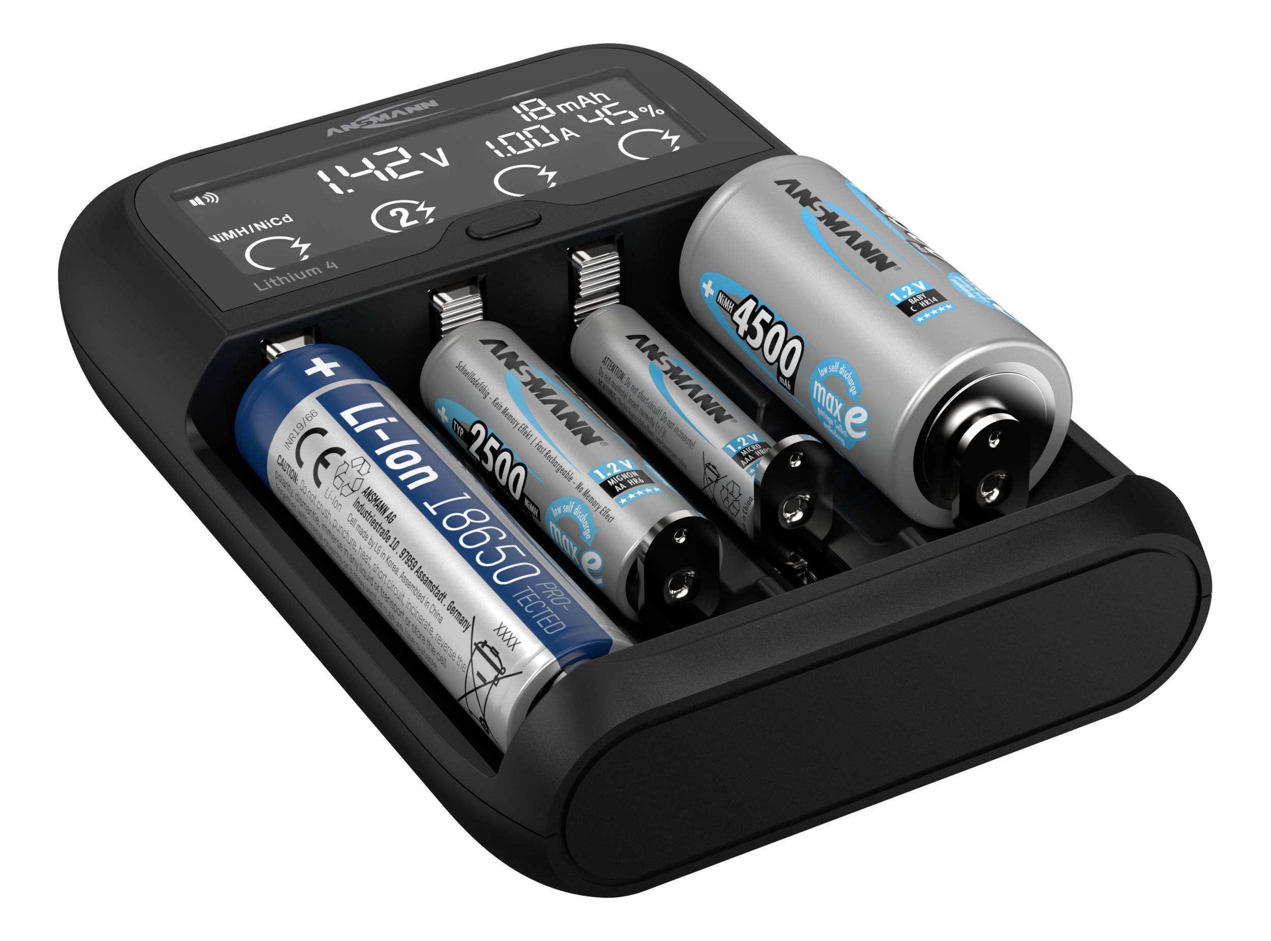 The image shows a battery charger with four inserted batteries, two AA and two AAA, alongside a display with charging information.