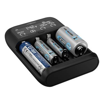 The image shows a battery charger with four inserted batteries, two AA and two AAA, alongside a display with charging information.