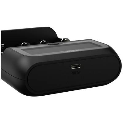 Black charger with four AA battery slots, USB-C port visible.