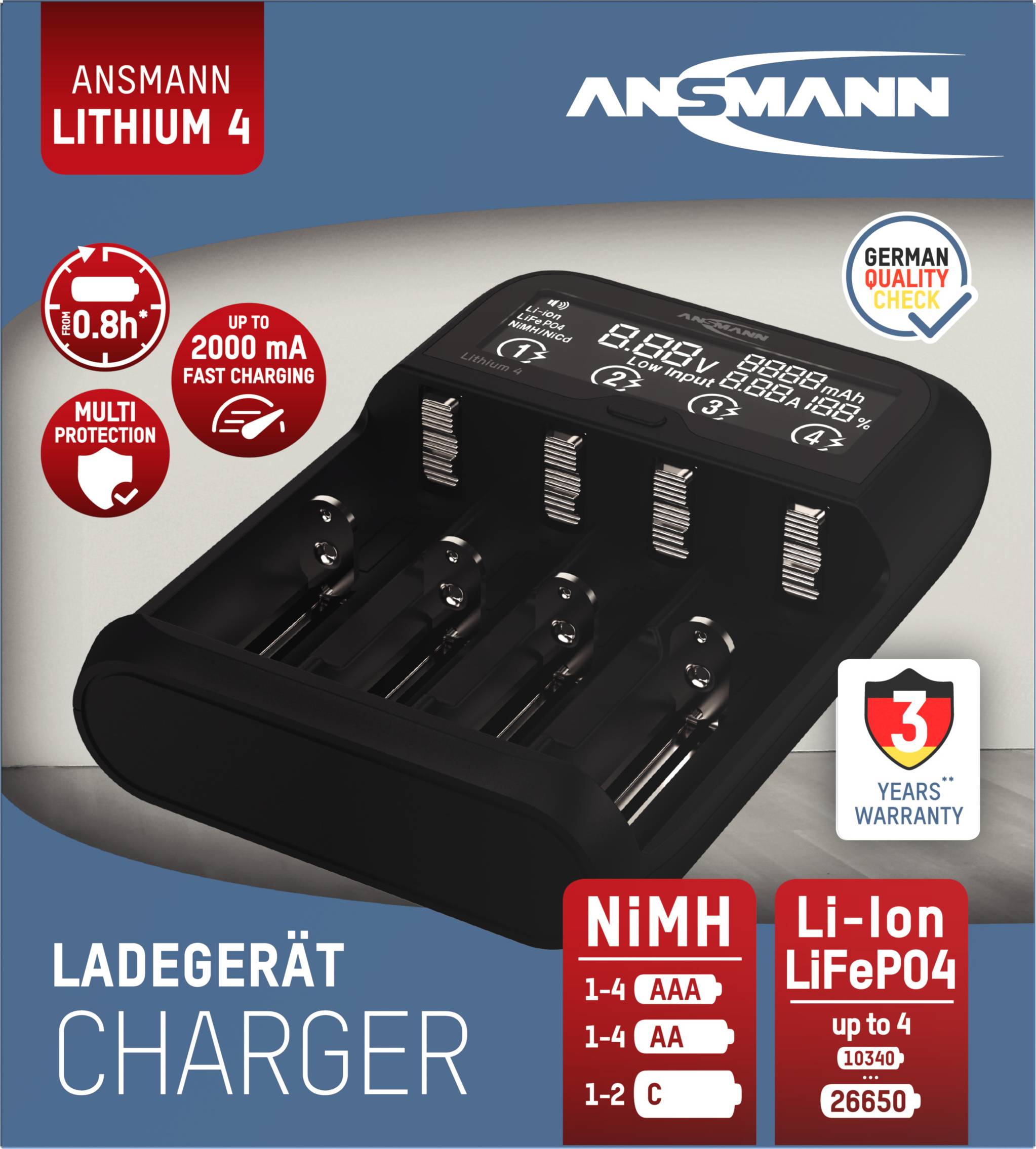 'Charger for NiMH and Li-Ion batteries, compatible with AAA and AA sizes. Fast charging up to 2000 mA, with 3-year warranty.'
