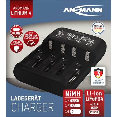 'Charger for NiMH and Li-Ion batteries, compatible with AAA and AA sizes. Fast charging up to 2000 mA, with 3-year warranty.'