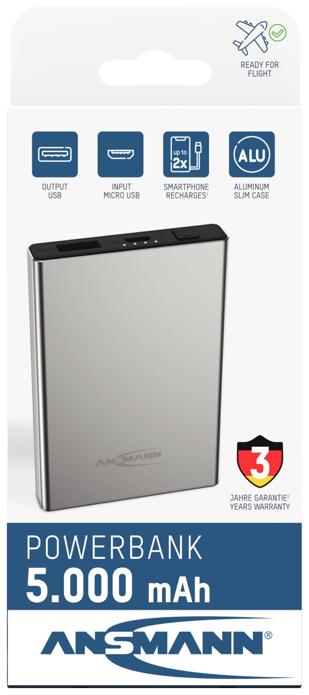 Ansmann 5000 mAh PB112 silber Power bank 5000 mAh Smart IC LiPo Micro USB, USB A (USB 2.0) Silver Status display-5