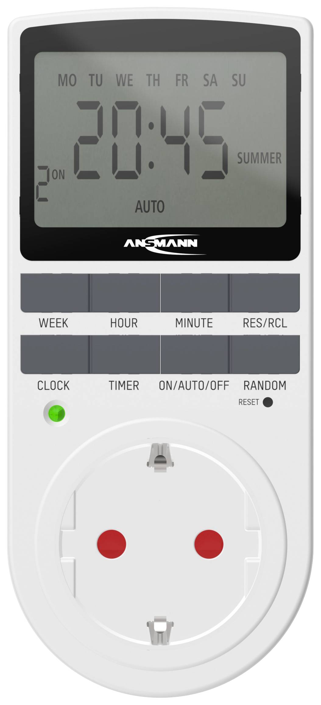 Digital time switch with LCD display: shows current time '20:45', clock mode 'AUTO', and 'SUMMER' in summer time mode.