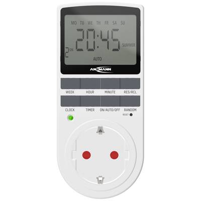 Digital time switch with LCD display: shows current time '20:45', clock mode 'AUTO', and 'SUMMER' in summer time mode.