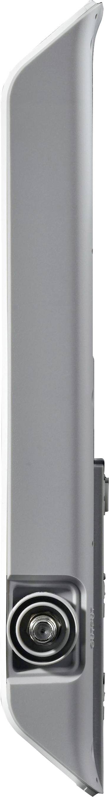 Silver, modern device with an integrated lens. Vertical view.