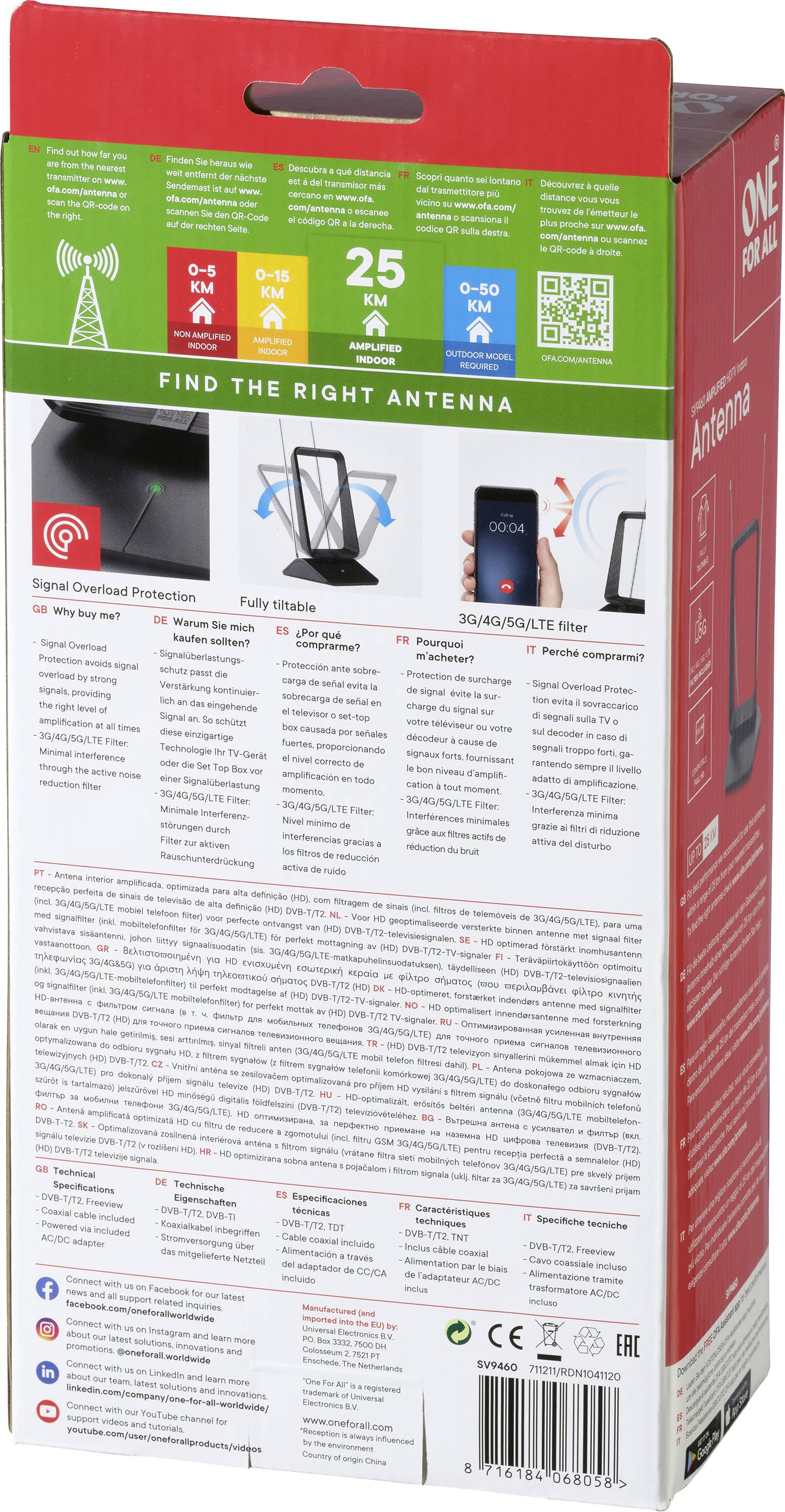 One For All SV 9460-5G DVB-T/T2 passive telescopic antenna Indoors Black-3