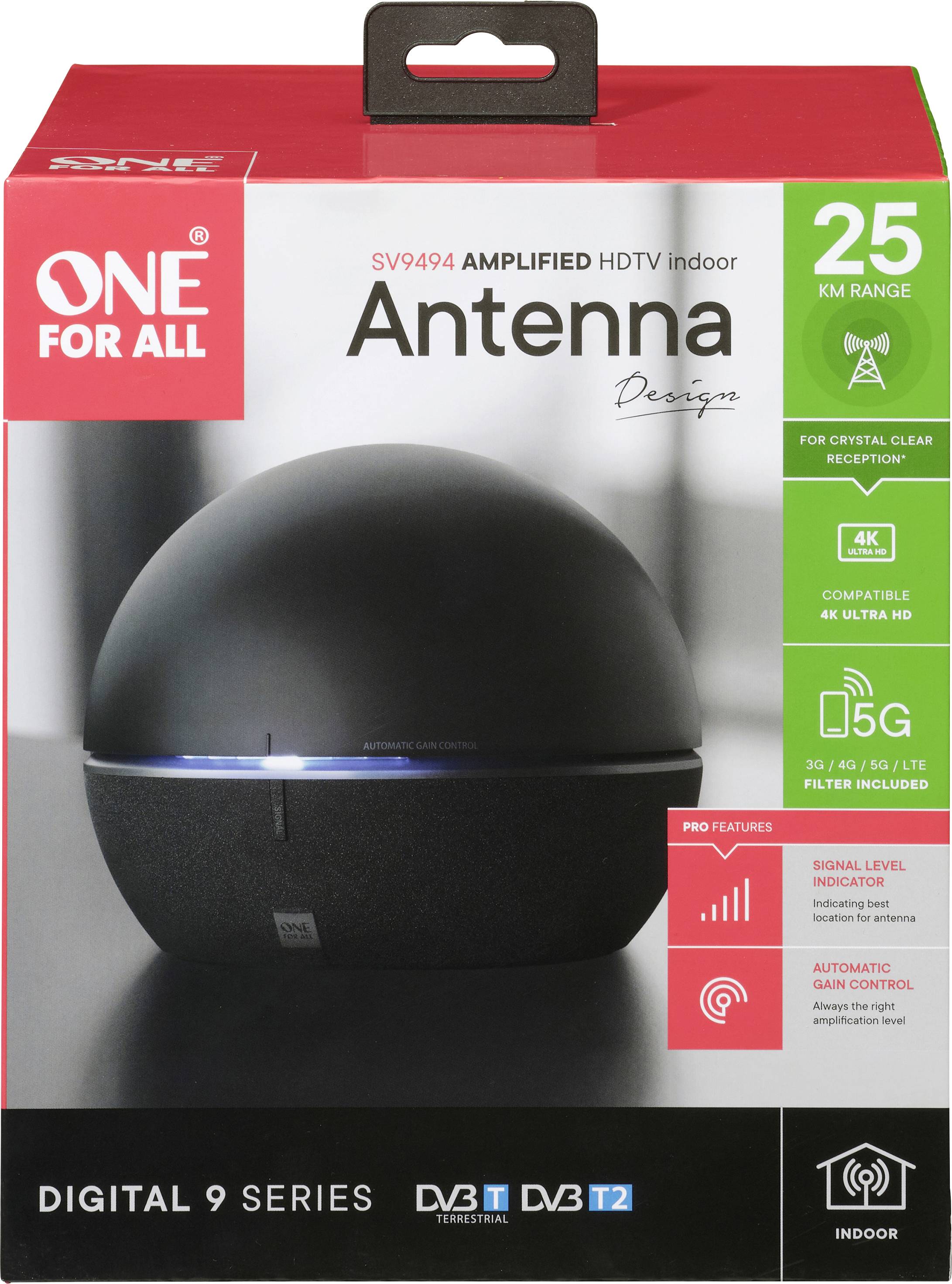 A black indoor HDTV aerial with a round design, suitable for 25 km range. Supports 4K, Ultra HD and 5G.