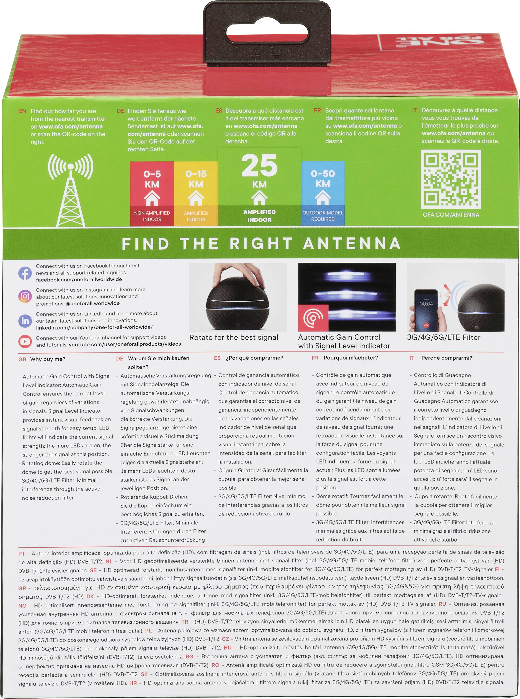 On the packaging of an antenna it says: '25 km reception'. It contains instructions for antenna selection and information about signal strength and filters. A QR code is located at the top of the packaging.