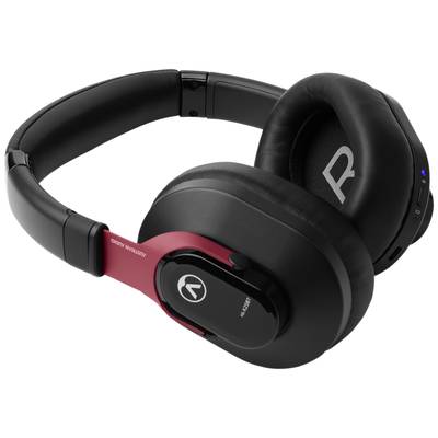 Black over-ear headphones with a red accent and brand symbol on the side, representing modern style and functionality.