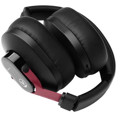 Closed, red and black over-ear headphones with padded ear cups and an elegant design, shown from the side view.