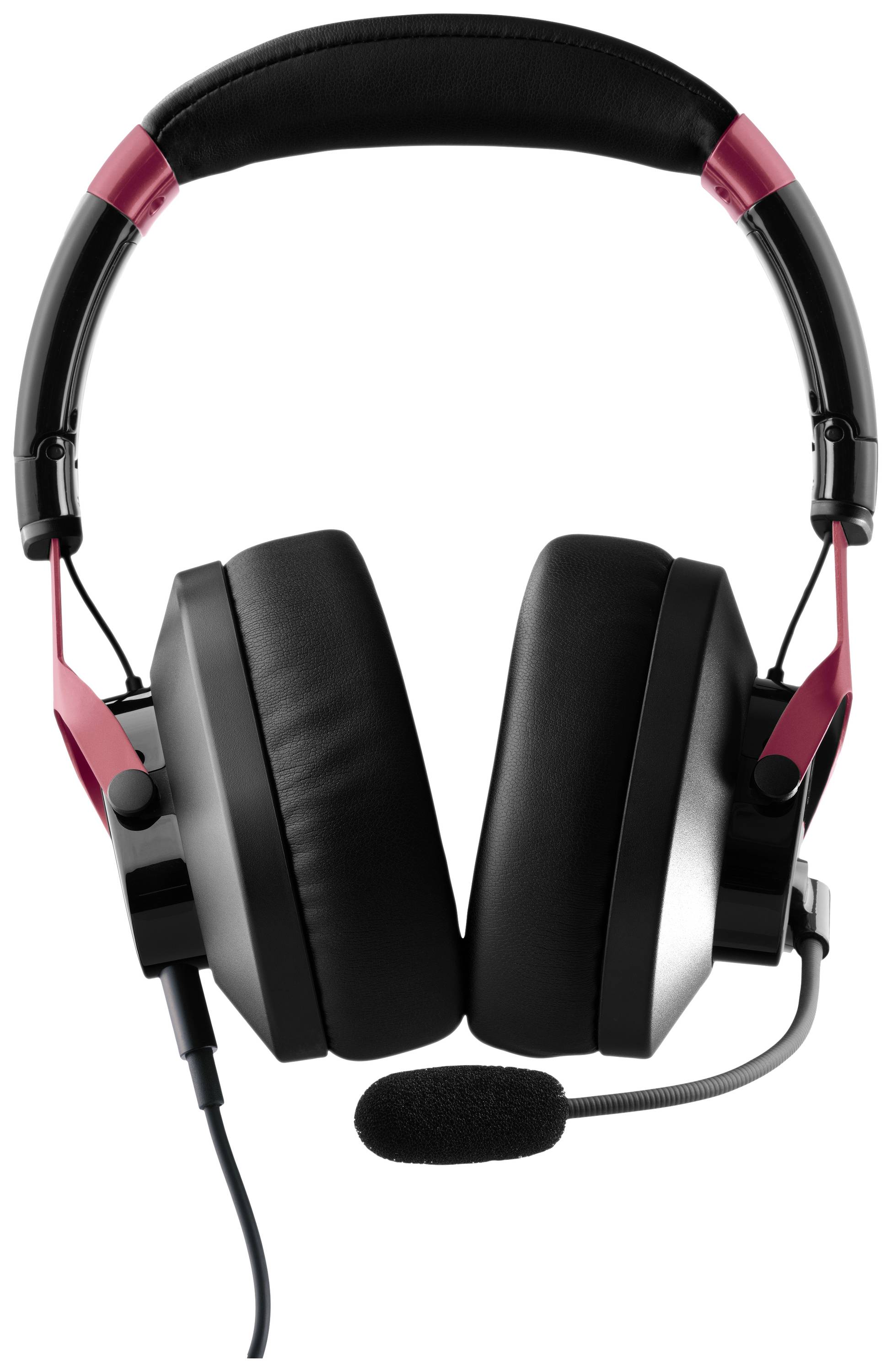 Black gaming headset with microphone, red accent on the headrest. Suitable for PC gaming and voice chat.