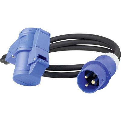 A blue CEE extension cable with a plug and a socket, suitable for industrial use, on a white background.