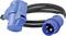 A blue CEE extension cable with a plug and a socket, suitable for industrial use, on a white background.