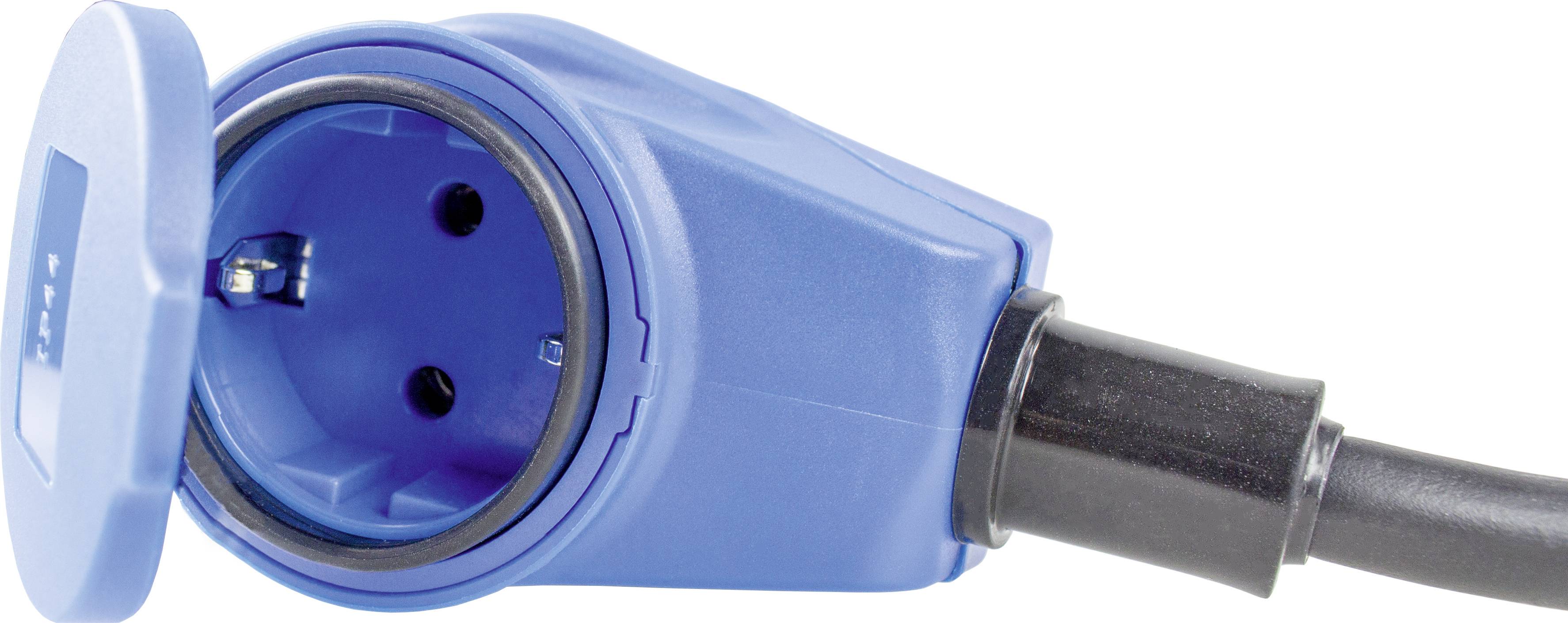 Blue socket with open lid, showing internal view with contacts and black cable.