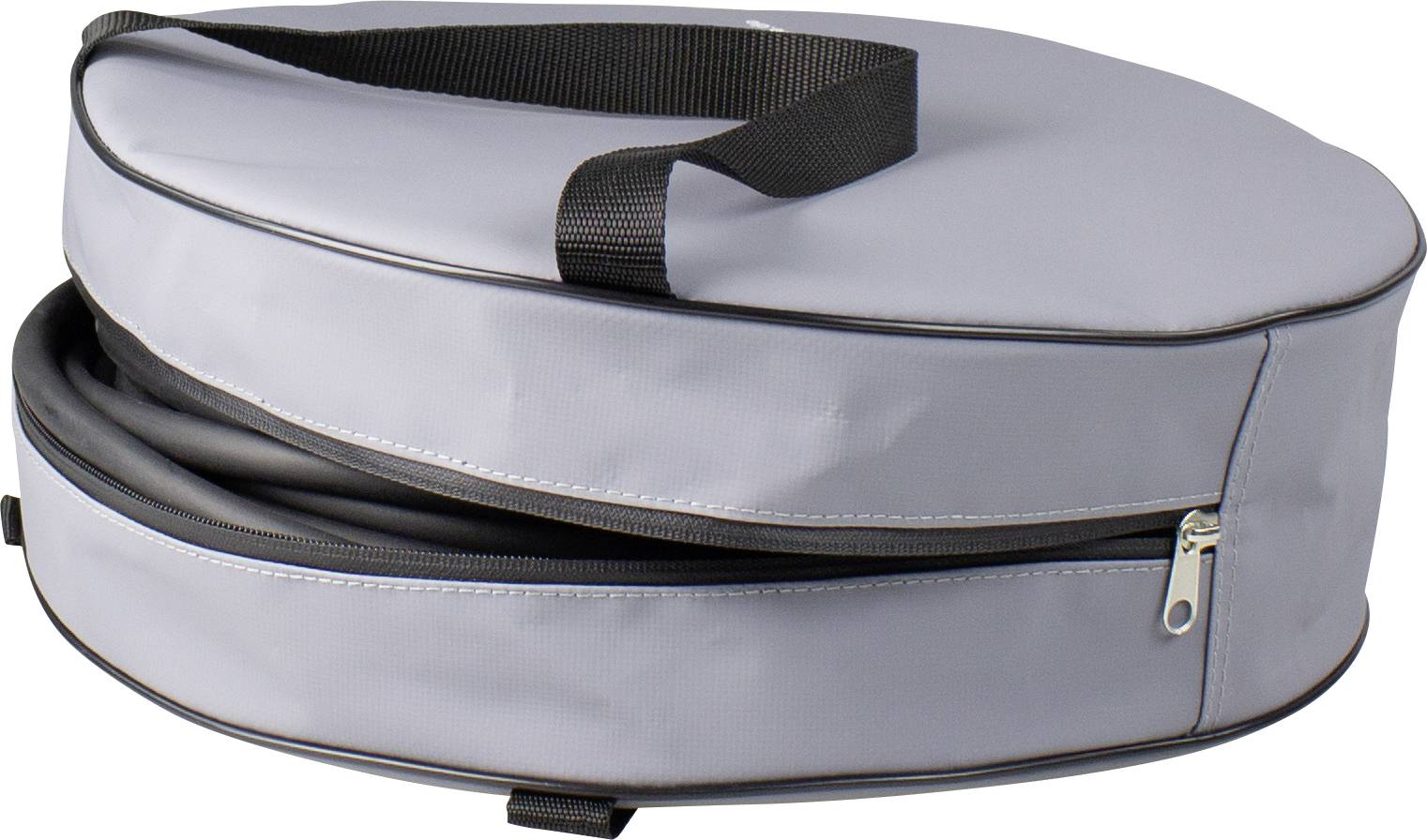 A grey, round carry bag with a zip and black handle, suitable for transporting and protecting musical instruments.
