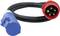 A cable with a red and a blue plug, used for industrial power connections.