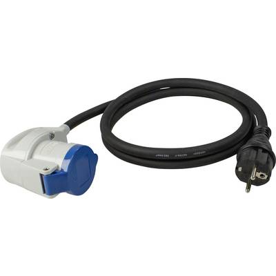'A black power cable with a blue CEE adapter on one side and a Schuko plug on the other.'