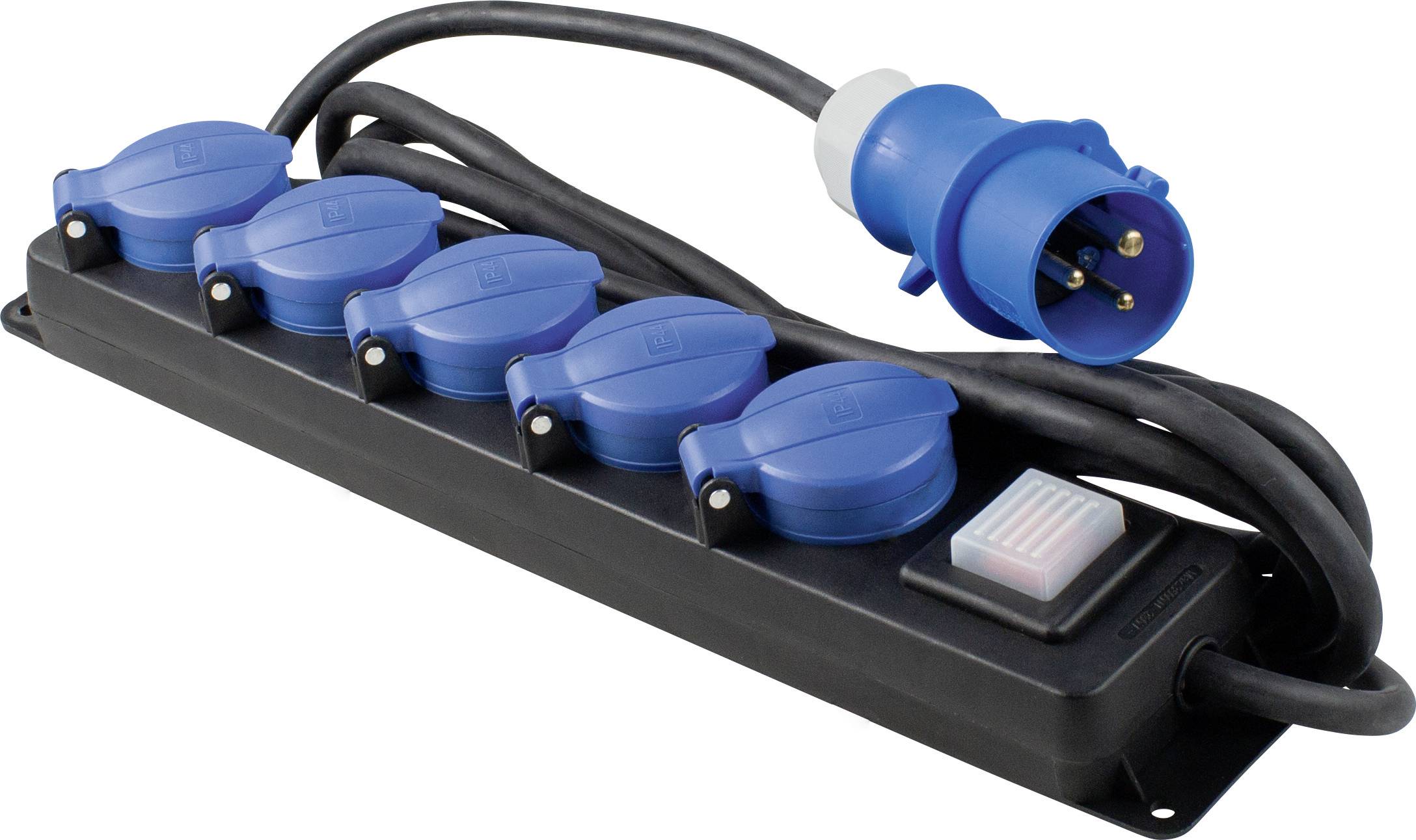 A black extension lead with five blue sockets and a blue plug, suitable for high-power electrical applications.